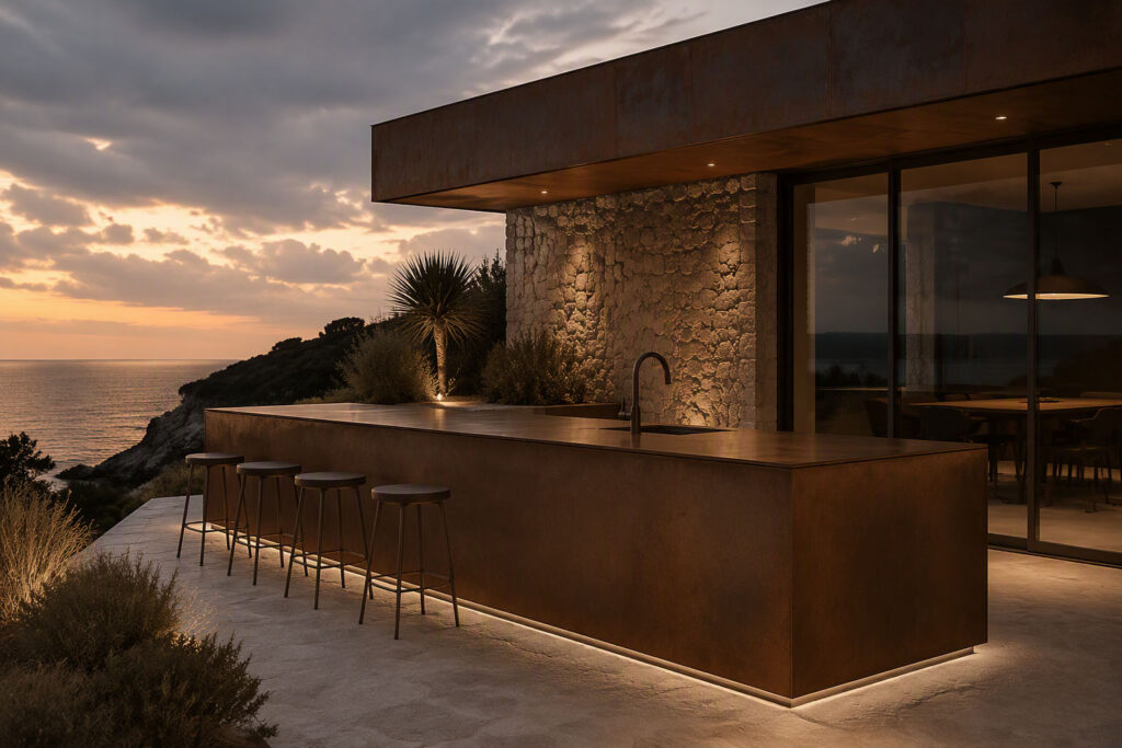 Custom fabrication application of outdoor kitchen bench